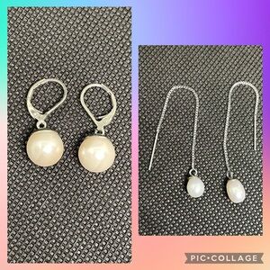 2 Pairs White Pearl Earrings Freshwater Threader Drop
